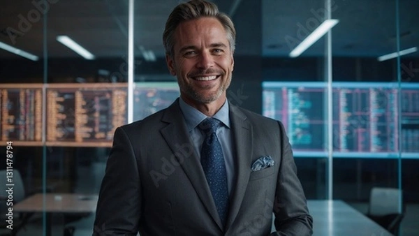 Fototapeta Businessman looking confidently at the looking camera with a business analysis chart in the background