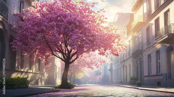 Obraz Serene street with blooming cherry blossom trees during early morning light in a quiet neighborhood