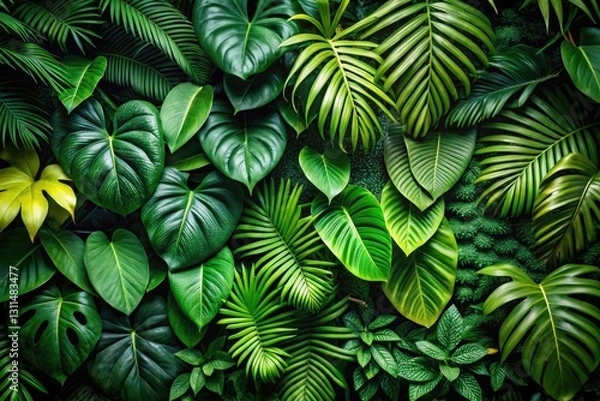 Fototapeta A decorative composition of dense, green tropical jungle plants, leaves, and vinesâ€”an isolated sample of rainforest foliage.
