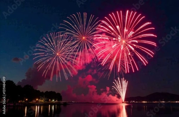 Fototapeta Dark night sky illuminated by vibrant pink fireworks. Bright explosions create a festive atmosphere. Perfect for holiday celebrations, event promotions, and branding.