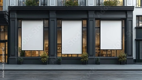 Fototapeta white vertical banners on building facade design lockup Store flags mock up on the street Outdoor banners template on the side of the shop exterior Three signs hanging, front view, 32k Resolution