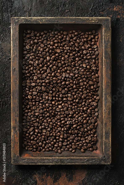 Fototapeta Top view of roasted coffee beans in a rustic wooden box on a dark background. Perfect for coffee-related websites, blogs, or social media.