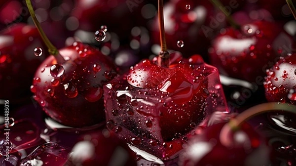 Fototapeta many pieces of big Red cherry and little pink ice cube 