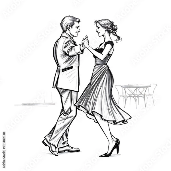 Fototapeta Graceful Dance Sketch: A timeless black and white sketch of a couple elegantly waltzing, their eyes locked in a moment of connection and romance, captured in delicate lines, with an ethereal quality.