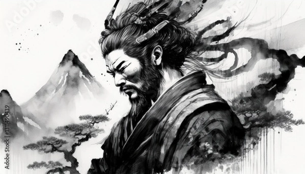 Fototapeta 刀を持っている侍の水墨画