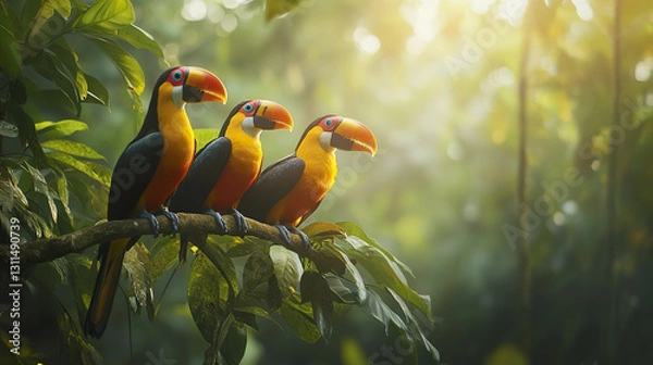 Fototapeta Three vibrant toucans perched on rainforest branch in sunlight