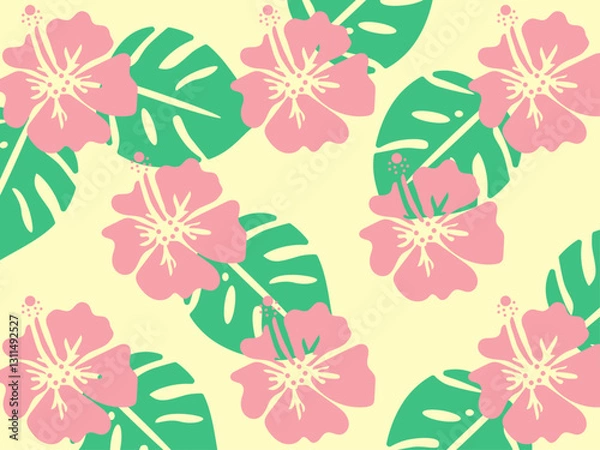 Obraz ハイビスカスとモンステラの葉の南国壁紙背景