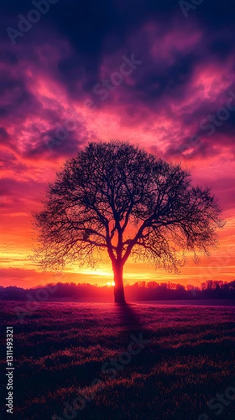 Fototapeta Solitary Sentinel: The Resilient Tree Against a Stunning Sunset, a Symbol of Endurance and Beauty in Nature