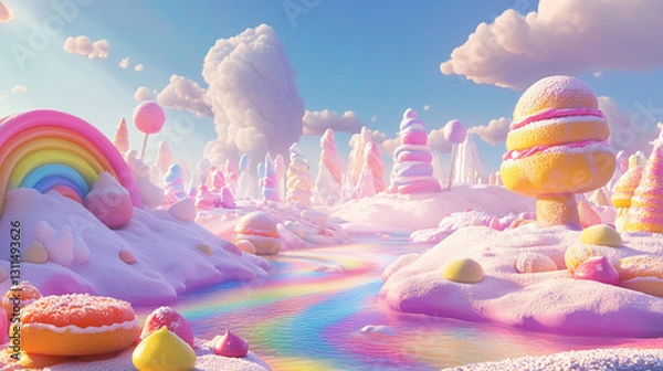 Obraz  vibrant and whimsical render of a sugary candy land landscape, candy, sweets, rainbow, fantasy, colors, dessert, sugar. 