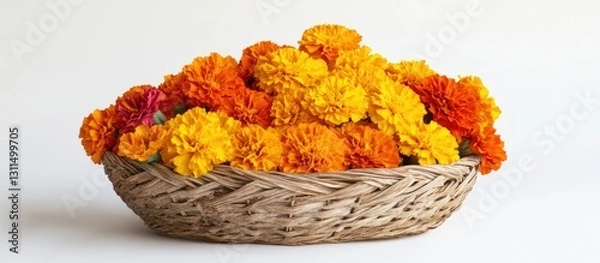 Fototapeta Vibrant marigold flowers in shades of orange and yellow arranged in a woven wooden basket against a clean white background perfect for festivals