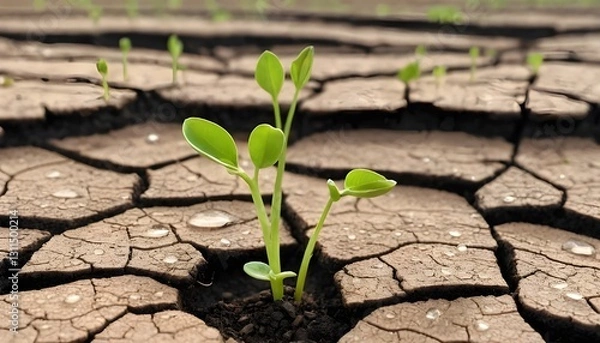 Fototapeta This is a close-up of raindrops falling on dry cracked soil with small green sprouts emerging from the ground symbolizing new life and renewal.