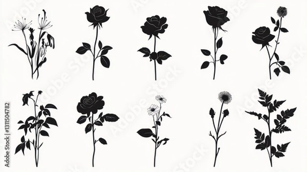 Fototapeta Black and white floral silhouettes; design elements; various flowers; white background; graphic design