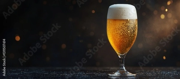 Fototapeta Golden beer with a frothy head in a stemmed glass on a dark background with soft bokeh highlights, displaying a refreshing pub atmosphere.