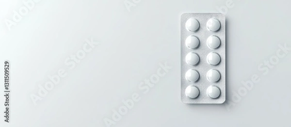 Fototapeta Empty tablet blister pack with white circular tablets on a light gray background positioned to the right with ample copy space for healthcare concepts