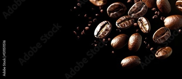 Fototapeta Aromatic coffee beans scattered on a dark background with a smooth black texture providing ample copy space for branding and advertisements