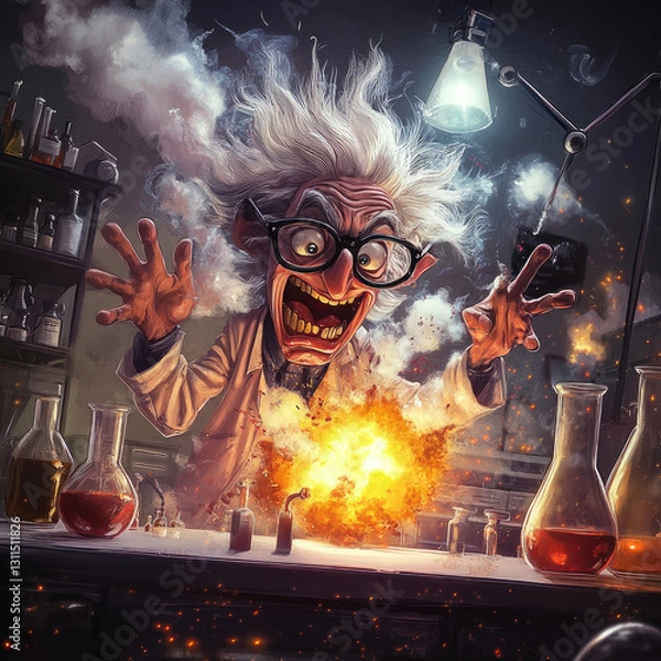 Obraz Screaming mad scientist explodes concoction in lab