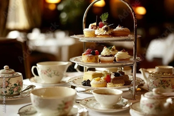 Obraz Traditional afternoon tea service featuring an array of delicious pastries. 