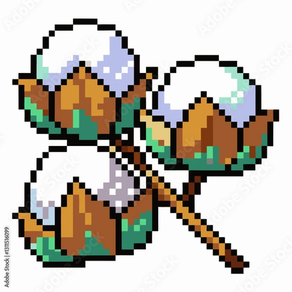 Fototapeta Pixel Art Cotton Plant Retro Botanical Illustration of a Cotton Branch