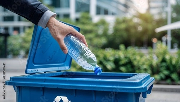 Obraz A person is responsibly placing a plastic bottle in a recycling bin for proper disposal