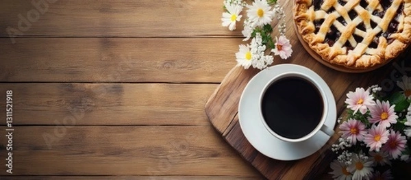 Fototapeta Coffee cup and pie surrounded by daisies on a rustic wooden surface, top view showcasing warm brown tones and vibrant white and yellow flowers.