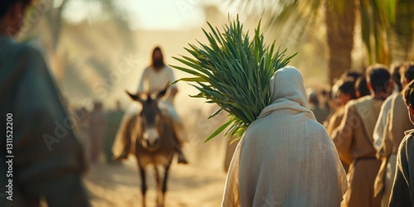 Obraz Triumphal Entry of Jesus into Jerusalem, Palm Sunday biblical scene with crowd and palm branches	