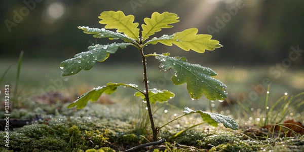 Obraz Tiny Oak Sapling with Dew-Kissed Leaves