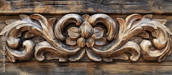 Obraz Intricate wooden floral carving in rich brown tones showcasing expert craftsmanship and detail on a textured wood surface illuminated softly.