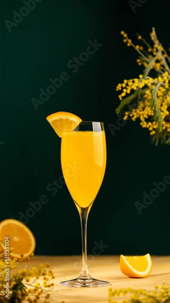 Fototapeta Mimosa cocktail in a champagne glass garnished with a triangle piece of orange. Alcoholic drink made from freshly squeezed orange juice and sparkling wine. Yellow table, dark background. Copy space 
