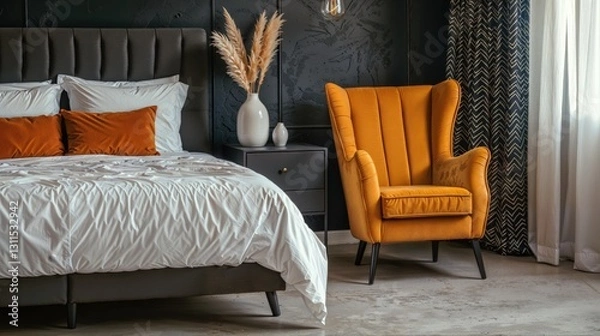 Fototapeta Generative AI, Minimalist Modern Bedroom with Bold Yellow Accent Chair and Concrete Elements