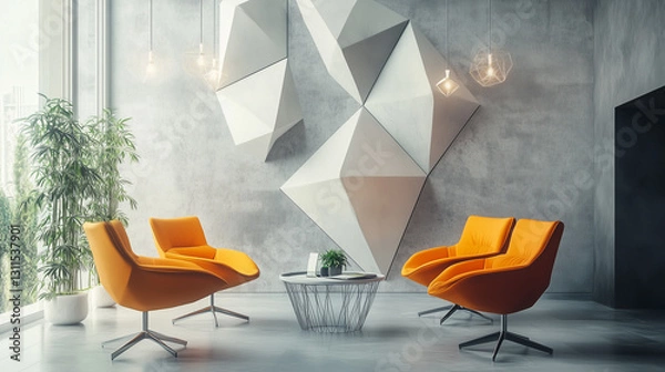 Obraz Relaxing office with geometric shapes, comfortable seating, and a bright, welcoming atmosphere-4