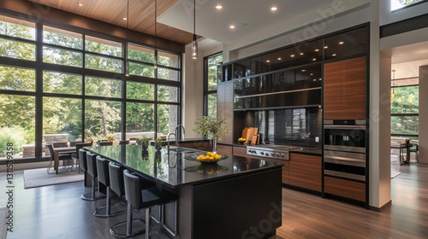 Fototapeta Sophisticated kitchen design with black and dark wood tones, complemented by natural daylight flowing in-3