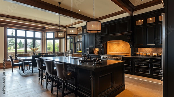 Fototapeta Sophisticated kitchen design with black and dark wood tones, complemented by natural daylight flowing in-2