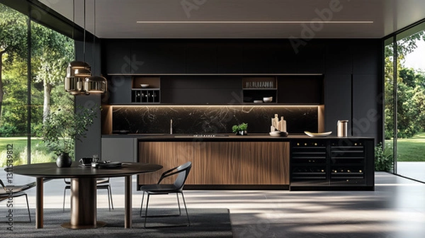 Fototapeta Spacious kitchen with dark wood and black elements, flooded with natural daylight for a refined look-1