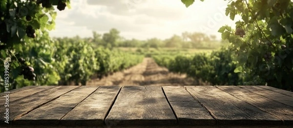 Fototapeta Empty wooden table in foreground with textured brown surface against blurred green trees and sunlight in agriculture field background