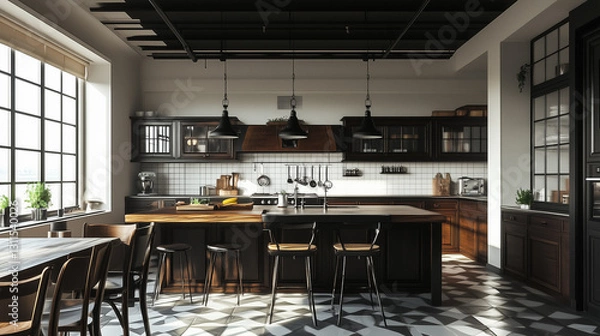 Fototapeta Spacious kitchen with dark wood and black elements, flooded with natural daylight for a refined look-3