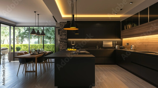Fototapeta Spacious kitchen with dark wood and black elements, flooded with natural daylight for a refined look-4