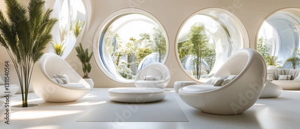 Fototapeta Spacious lounge area with spherical designs, sleek furniture, and natural light for relaxation-1