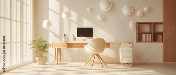 Fototapeta Stylish workspace featuring minimalistic furniture and floating geometric spheres, bright and airy ambiance-4