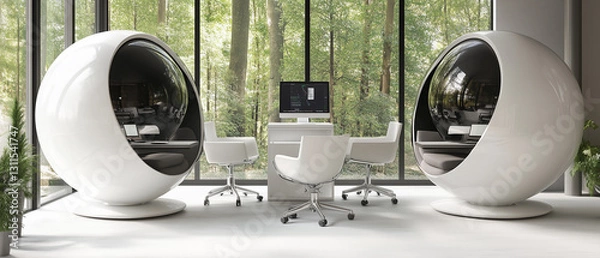 Fototapeta Tranquil office space with spherical designs and chic furniture, promoting a focused atmosphere-1