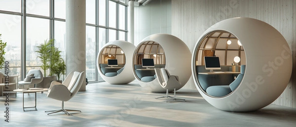 Fototapeta Tranquil office space with spherical designs and chic furniture, promoting a focused atmosphere-3