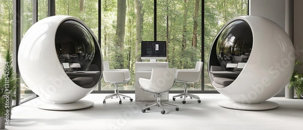 Fototapeta Tranquil office space with spherical designs and chic furniture, promoting a focused atmosphere-2