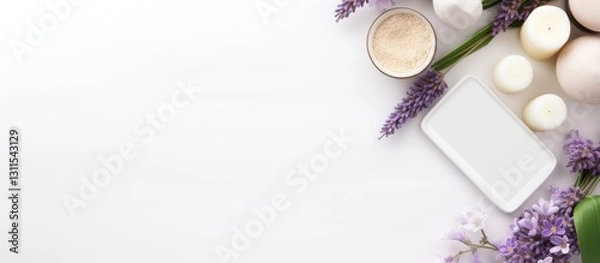 Obraz Assorted spa products in a flat lay arrangement on a white background with lavender accents and space for text on the left side of the image
