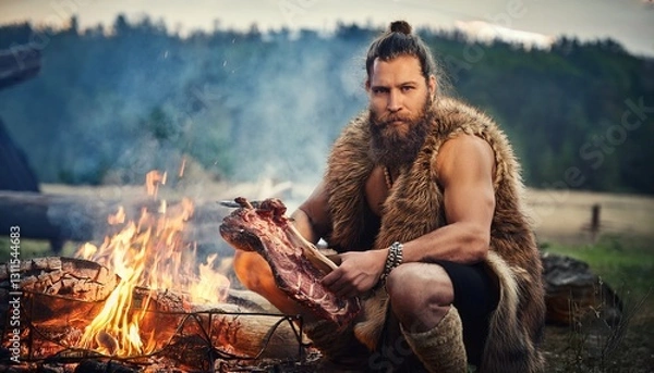 Obraz 人類のDNAを遡った祖先。古代人の男が食事をしているイメージ画像イラスト。縄文時代・弥生時代の狩猟民族。AIで生成