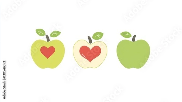 Fototapeta Three stylized apples, one whole, two halves, each with a heart inside, for a healthy lifestyle image