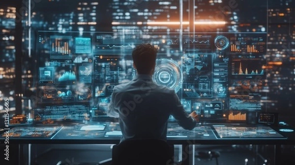 Fototapeta A designer creating holographic user interfaces for a new app in a modern studio, surrounded by vibrant digital displays