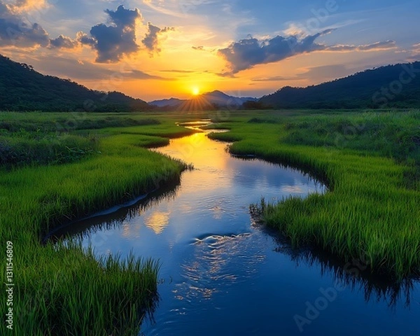 Obraz Sunset over tranquil stream in verdant meadow.