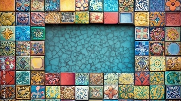 Fototapeta Colorful mosaic tile frame teal background. Intricate patterns art design. AI generated