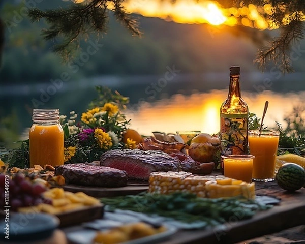 Obraz Sunset picnic with grilled steak, fruit, and juice by the lake.
