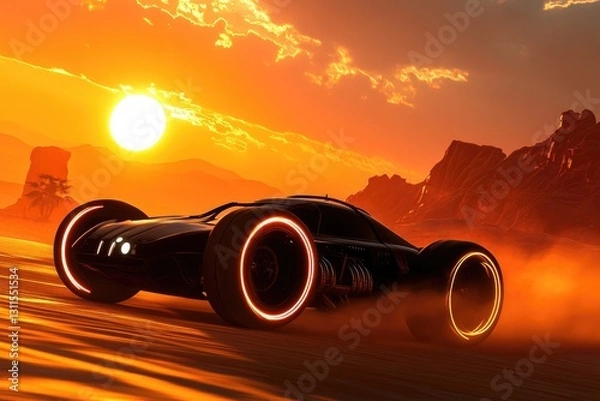 Fototapeta A glowing hot rod racing across a desert under twin suns
