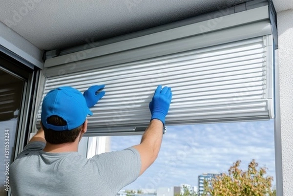 Fototapeta Professional craftsman in uniform installing or adjusting white horizontal blinds on a window. Back view. Advertising concept for blinds, curtains, window accessories, installation services. Design